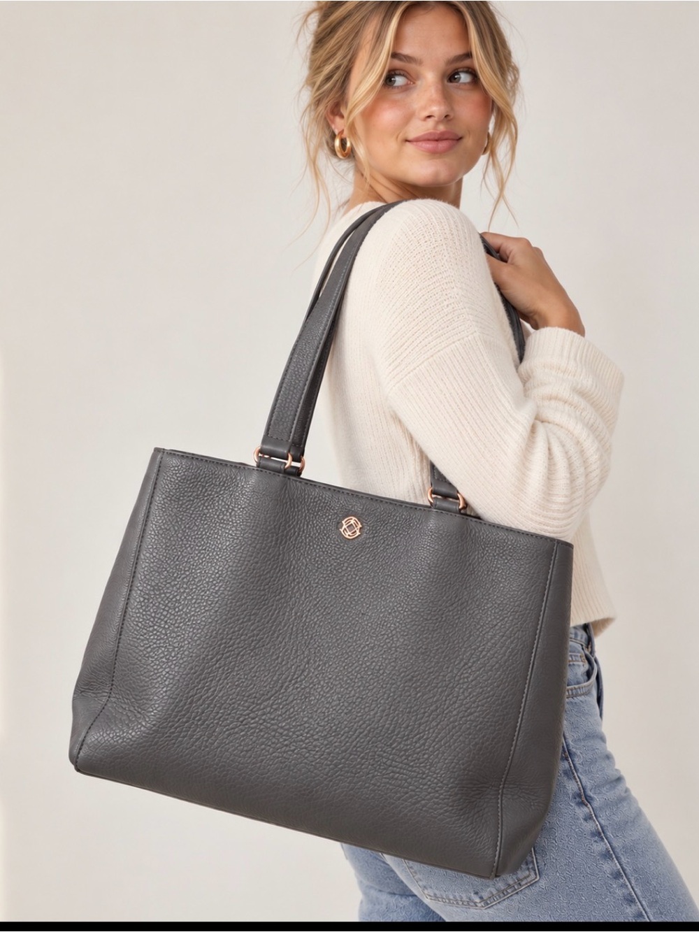 Dagne Dover Large Allyn Leather Tote Graphite Rose Gold Laptop Work Bag
